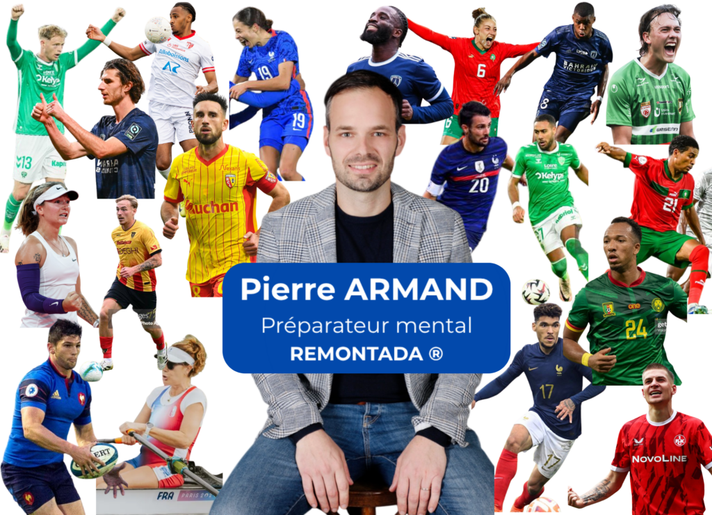 Pierre Armand, préparateur mental, entouré de sportifs professionnels qu'il accompagne